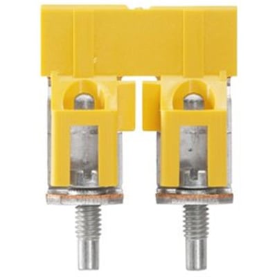Detaljeret nærbillede af den gule Weidmüller 2-polet laske WQV 35/2, viser skrueterminaler og isoleringsdetaljer.
