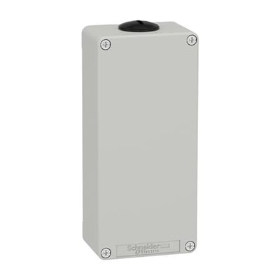 Schneider Electric Harmony XAP trykknapkasse i grå metal, uden huller, med synlig Schneider Electric logo i bunden.