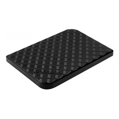 Sort Verbatim Store 'n' Go ekstern SSD på 256 GB med mønstret overflade, set skråt forfra.