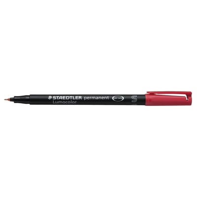 Rød Staedtler Lumocolor permanent S tuschpen med 0,4mm spids og DRY SAFE teknologi.
