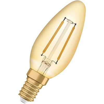 Enkel Osram Ledvance 1906 kertepære med gylden filament og E14 sokkel, vist på hvid baggrund.