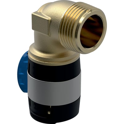 Nærbillede af Geberit FlowFit 90° bøjning, der viser den gyldne rødgods og den sorte plastkomponent med en blå drejeknap, med 25mm og 1" angivelser.