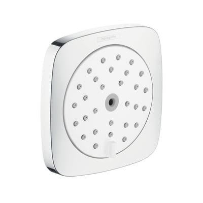 Hansgrohe PuraVida sidebruser 100 med hvid og krom overflade og synlige dyser. Et enkelt stykke produkt vises isoleret.