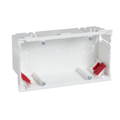 Schneider Electric MIB-A2 kanaldåse til dobbelt Schuko/CEE udtag, hvid plast med røde klemmer.