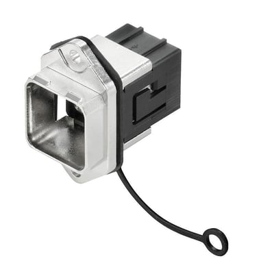 Weidmüller tomt hus til industrielle Ethernet-konnektorer, IP67, med sølvfarvet front, sort baghus og fastgjort låg, set skråt forfra.