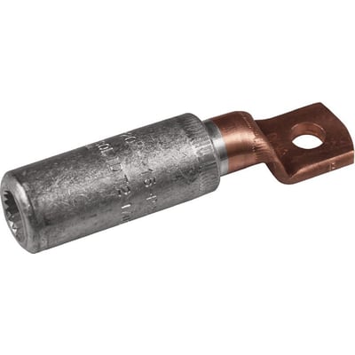 Nærbillede af Elpress AKK150-10 kabelsko, der viser den ru aluminiumsektion til lederen og den blanke kobberlaske med M10 hul.