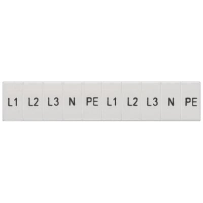 Siemens mærkeplade i hvid til klemrækker med lodret tekst L1, L2, L3, N, PE, L1, L2, L3, N, PE.