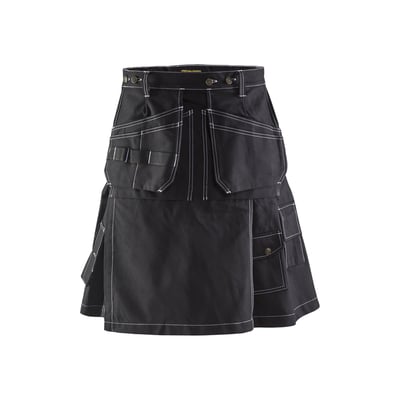 Sort Blåkläder Workwear håndværkerkilt i C52 med mange lommer og hvide syninger på hvid baggrund.