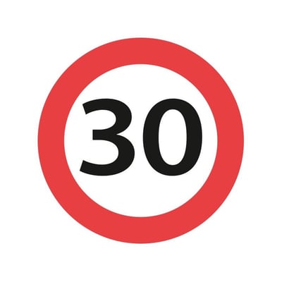 Oversigtsbillede af et 70 cm aluminiums vejskilt, der viser et hastighedsgrænseskilt for maksimalt 30 km/t.