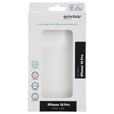 Emballagen til et transparent TPU-cover fra Essentials til iPhone 16 Pro ses forfra.