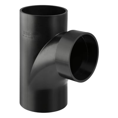 Geberit PEH grenrør i sort med 110 mm diameter og 88,5 graders vinkel på hvid baggrund.