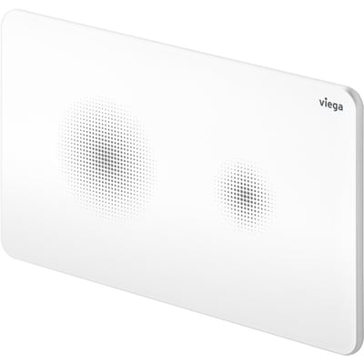 Viega Prevista V Style25 betjeningsplade i hvid kunststof med berøringsfri aktivering og selvlysende maling. Dens dimensioner er 130x220x6mm.