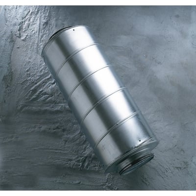 Cylindrisk Thermex lyddæmper i metal, Ø 160 mm, placeret på et gråt, tekstureret underlag.