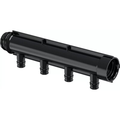 Uponor Aqua PLUS fordelerrør i sort PPSU, vist fra en anden vinkel, der tydeliggør de fire tilslutninger til 16mm PEX rør og 1" gevind.