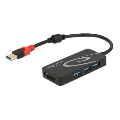 Sort Delock USB 3.1 Gen 1-hub med tre USB-A-porte og SD/microSD-kortlæser, set skråt forfra med USB-A-kabel.