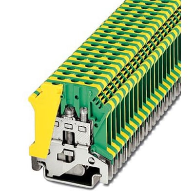 Nærbillede af Phoenix Contact USLKG 4 jordklemme, der viser skrueterminalen og den gule/grønne isolering.