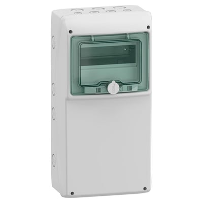 Schneider Electric Kaedra kapsling, set fra siden, hvid med grøn transparent dør og synlige kabelindføringshuller på toppen.