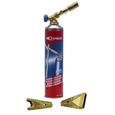 Gasbrænder Express 531 med 3 brænderhoveder, en 5 meter lang slange og ekstra messing tilbehør på hvid baggrund.