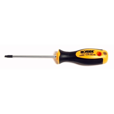 Ironside Torx-skruetrækker med boring, TX27 og 100 mm klinge, med sort og gult håndtag og lang metalstang.