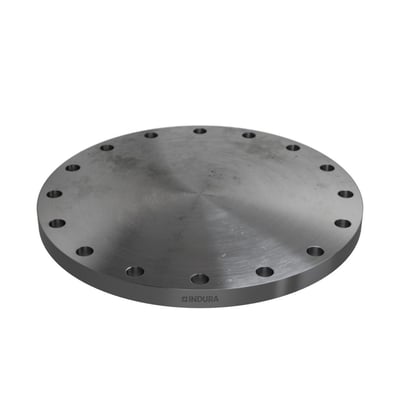 Indura 16" blindflange i ASTM A105N stål med 150 lbs RF trykklasse, vist fra siden med tydelig Indura logo.