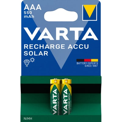VARTA Recharge Accu Solar genopladelige AAA-batterier med grøn og gul indpakning; emballagen viser 550 mAh og Ni-MH.
