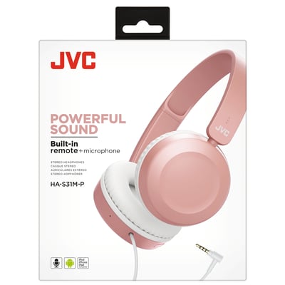 JVC HA-S31M-P-E on-ear hovedtelefoner i pink med indbygget fjernbetjening og mikrofon.