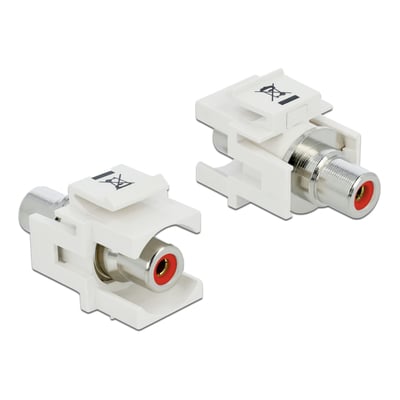 DeLock RCA-keystone-modul med røde hunstik i begge ender, vist fra to vinkler på det hvide snap-in-beslag.