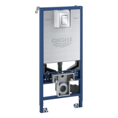 Grohe Rapid SLX monteringselement med 1130mm installationshøjde, vist med krom betjeningsplade og blå ramme.