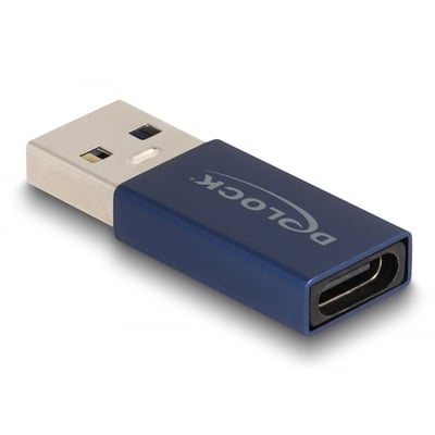 DeLock adapter, blå, med USB-A hanstik og USB-C hunstik. Adapteren har DeLock logo og er lavet til USB 3.2 Gen 2.