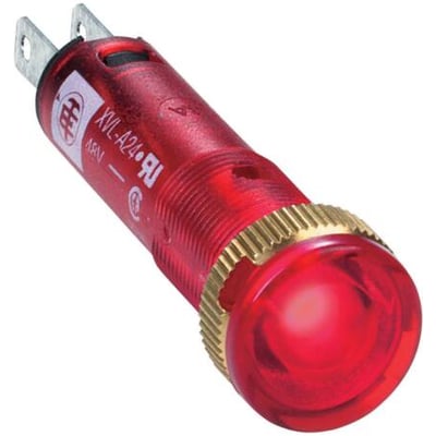 Schneider Electric rød LED-diode XVLA224 med 12VDC, sort frontring og fremskudt lysdiode med messing-gevinddetalje.