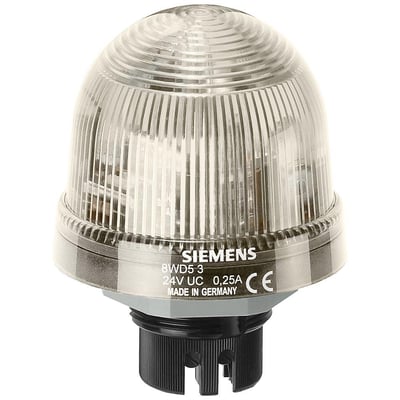 Siemens signallampe med klar LED, 70mm diameter og 24V spænding, med 'Made in Germany' mærkat.