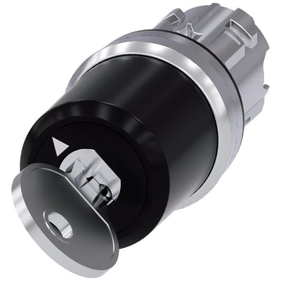 Siemens nøgleafbryder med C-lås, 22mm, rund metal med skinnende finish. Nøglen sidder i låsen.