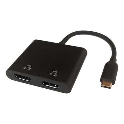 Sort Deltaco USB-C MST HUB med to HDMI-udgange og en USB-C-stik, klar til tilslutning af skærme.