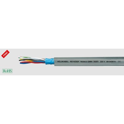 HELUKABEL signalkabel RD-H(ST)H Bd 2x2x1 med fire snoede par af farvede ledere, en blå indpakning og grå ydre kappe.
