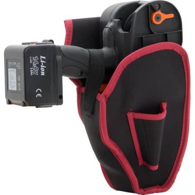 Tjep hylster med bælte til TJEP RE-BAR 40 bindemaskine, vist med 14.4V Li-ion batteri.