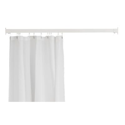 Van Der P Profil5001 badeforhængsstang i sølv, 1800 mm lang med hvidt forhæng monteret. Viser skinne og glidere på hvid baggrund.