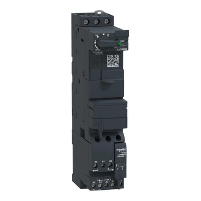 Schneider Electric TeSys Model U reverseringsblok med 24VAC spænding og forskellige indstillingsmuligheder, set fra siden.