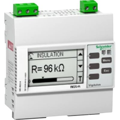 Schneider Electric Isolationsovervågning IM20H med LCD-display, der viser R=96 kOhm, ideel til hospitaler og ujordede netværk.