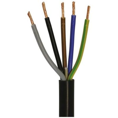 Sort 5G2,5 H05VV-F ledning med fem farvede ledere: grå, sort, brun, blå og gul/grøn isoleret med PVC.