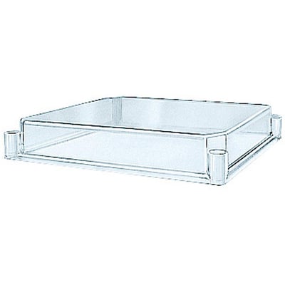 Nærbillede af Schneider Electric transparent polycarbonat låg, viser monteringsdetaljer og 270x270mm størrelse.