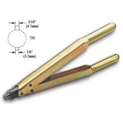 Guldfarvet nottang 720G til udstandsning af 3,2 mm not, med tekniske mål 3/16" og 1/8" vist ved siden af.