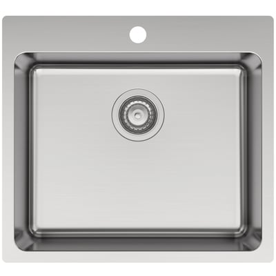 Lavabo LA 550 køkkenvask i rustfrit stål med et centreret hanehul og afløb. Vasken har en firkantet form med bløde hjørner og børstet overflade.