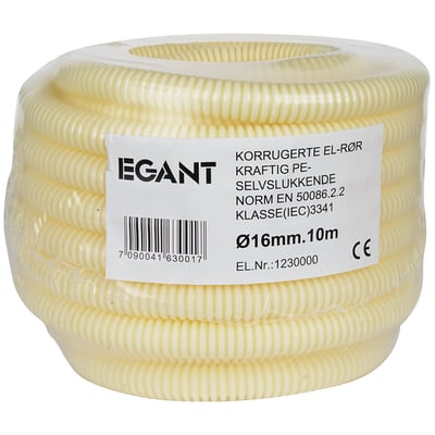 Nordic Quality flexrør i gul, oprullet med korrugeret overflade og mærkat med 16 mm og 10 meter.
