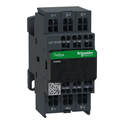 Detaljeret billede af Schneider Electric TeSys D kontaktor, 12A 24V AC, der viser mærkningsdetaljer, spole og klemmer med tydelige numre for tilslutning.