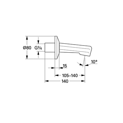 Teknisk tegning af Grohe 3/4" karudløb, der viser dimensioner, G3/4 gevind og 10 graders vinkel på fremspringet.