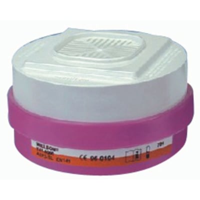 Honeywell Safety Products A2P3-twinfilter med hvidt låg og lilla underdel, set skråt forfra.