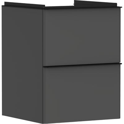 Hansgrohe Xelu Q vaskeskab i mat diamantgrå med to skuffer, vist fra siden med fokus på vægmonteret design.