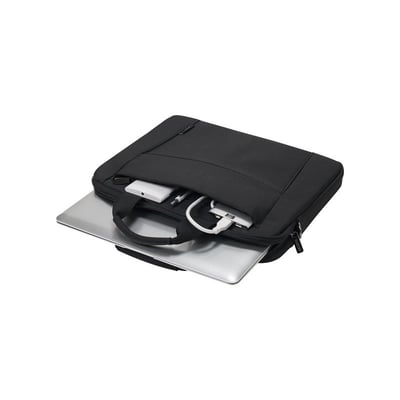 Dicota Eco Slim Case til 15-15.6" bærbar computer, vist med en laptop og tilbehør, sort.