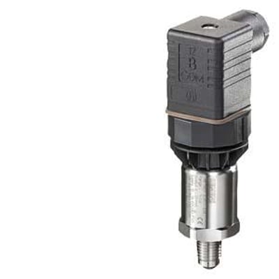 Siemens SITRANS P200 tryktransmitter til 1 bars måling med et robust sort stik og en blank metalbund på hvid baggrund.