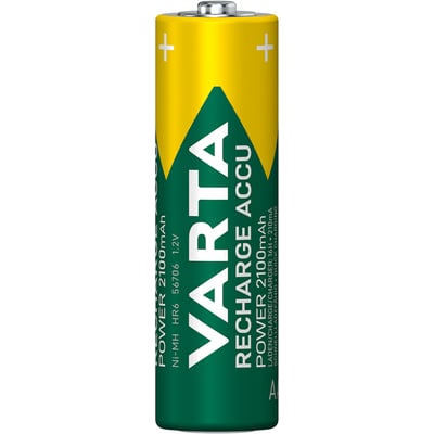 Nærbillede af et enkelt Varta Recharge Accu Power AA batteri i grøn og gul med tydelig Varta logo og 2100 mAh kapacitet.